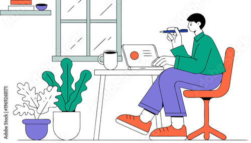 Man works productively at his home office desk with a laptop and plants.