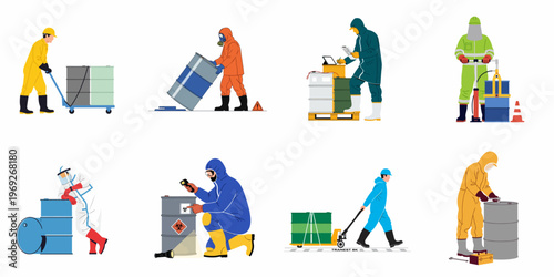 Illustration set of workers in protective suits handling barrels of chemicals and hazardous waste, demonstrating industrial safety protocols and environmental cleanup procedures.