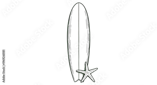 Beach summer vacation naive outline sketch vector illustration of a surfboard and starfish