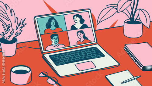 Laptop displays video conference with four participants in an office setting.