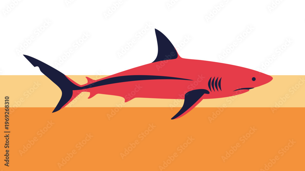 Obraz premium Red shark illustration swims across abstract background with horizontal stripes.