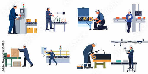 Vector Illustration Set of Factory Workers Operating Machinery, Monitoring Production Lines, and Performing Industrial Maintenance Tasks