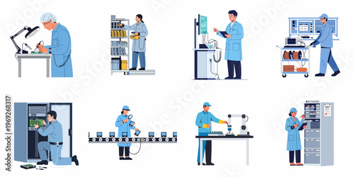 Vector illustrations of professional engineers and workers performing various tasks in a high-tech electronics manufacturing and industrial assembly facility.