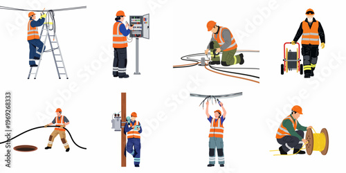 Flat Illustrations of Professional Electricians and Utility Workers Performing Various Maintenance and Installation Tasks on Power Lines and Electrical Infrastructure.