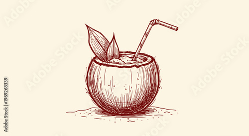 Beach summer vacation naive outline sketch vector illustration of a refreshing coconut drink