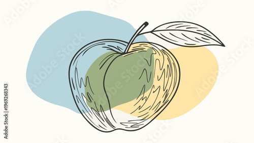 A single apple with a leaf is drawn with expressive linework and color.