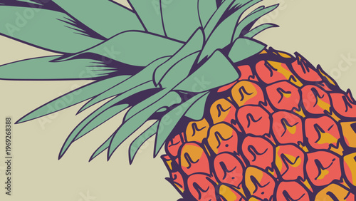 Close-up of a vibrant pineapple with spiky green leaves against a soft background.