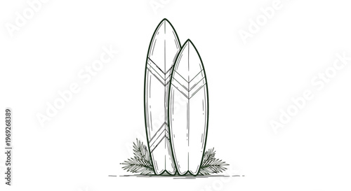 Beach summer vacation naive outline sketch vector illustration of two surfboards