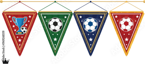 Soccer pennant flags collection vector illustration football championship banners with trophy and ball sports decorations retro team fan club design set
