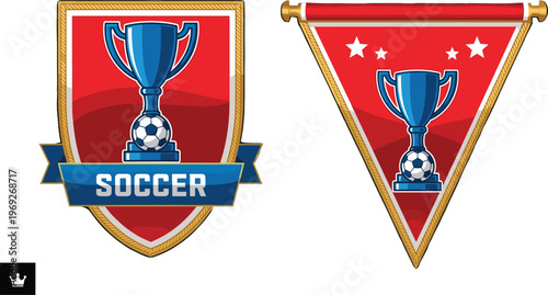 Soccer trophy badges vector illustration football championship shield and pennant banner with cup and ball sports emblem retro team design