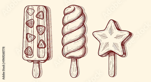 Beach summer vacation naive outline sketch vector illustration of colorful ice cream