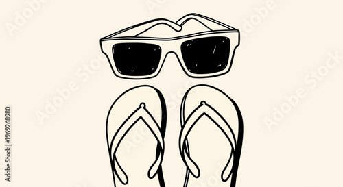 Beach summer vacation naive outline sketch vector illustration of sunglasses and flip flops