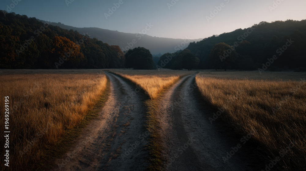 Obraz premium Dusty country road fork field grass meadow landscape valley hill forest sunset rural path trail track intersection split curve dirt dry golden evening horizon nature scenic tranquil peaceful