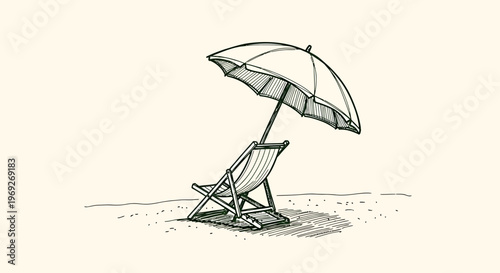 A naive outline sketch vector illustration of a beach summer vacation with a chair under an umbrella.