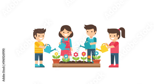 Four happy children are watering vibrant flowers in a garden bed, using blue and yellow watering cans in a cheerful vector illustration.