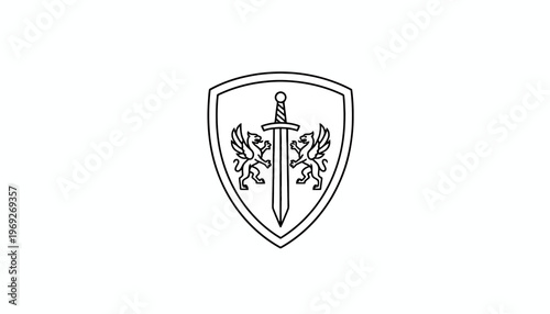 Shield with Sword and Griffins Emblem - Heraldic Symbol of Power and Protection