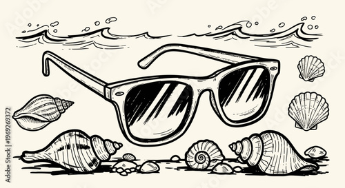 Beach summer vacation naive outline sketch vector illustration of sunglasses and seashells