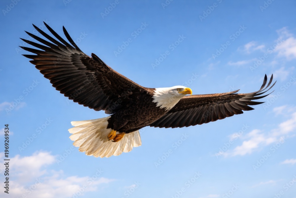 Obraz premium Bald Eagle Soaring Against Blue Sky with Fluffy Clouds