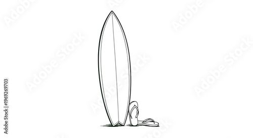 Beach summer vacation naive outline sketch vector illustration of a surfboard standing on sand