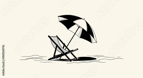 A naive outline sketch vector illustration of a beach summer vacation with a broken chair and umbrella.