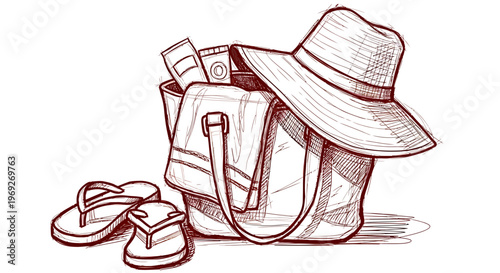 A naive outline sketch vector illustration of a beach summer vacation bag with hat and flip flops