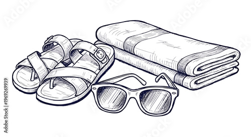 Beach summer vacation naive outline sketch vector illustration of sandals sunglasses and towel
