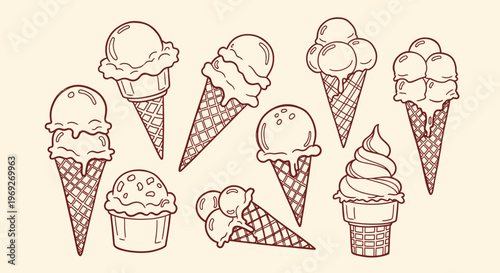 A naive outline sketch vector illustration of various ice cream cones and scoops for a summer vacation treat