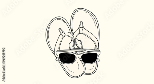 Beach summer vacation naive outline sketch vector illustration of sunglasses and flip flops