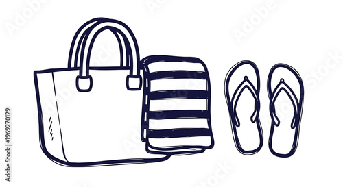 Beach summer vacation naive outline sketch vector illustration of a bag flip flops and towel