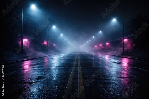 Shadowy empty roadway with neon lighting and foggy cement surface backdrop