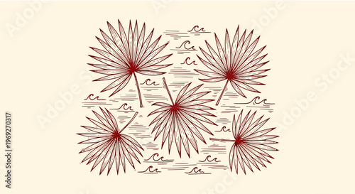 Beach summer vacation naive outline sketch vector illustration of flowers