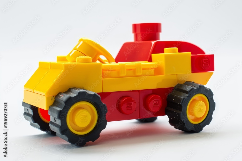 Fototapeta premium Toy block car yellow red simple design white background kids building playful construction model