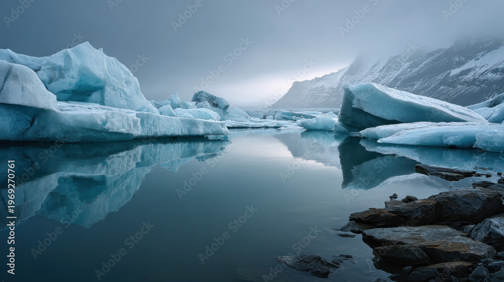 custom made wallpaper toronto digitalGlacier landscape with calm water ice berg snow mountain cold sky polar coast reflection mist serene scene