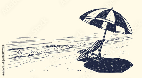 Beach summer vacation naive outline sketch vector illustration of a striped umbrella and chair