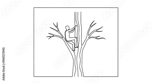 Person climbing a tree, simple line art, outdoor activity, nature exploration