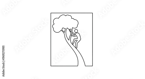 Person climbing a tree, stylized line art, outdoor activity, adventure, nature exploration