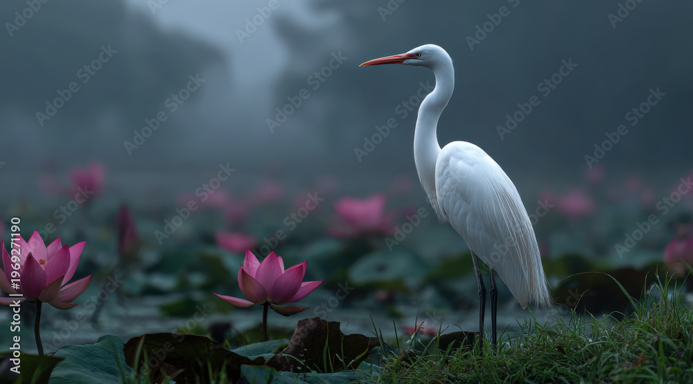 Naklejka premium White bird lotus pond pink flower wetland water bird standing bird white plumage red beak long neck misty lake