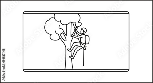 Person climbing tree with rope and harness, outdoor adventure, nature activity