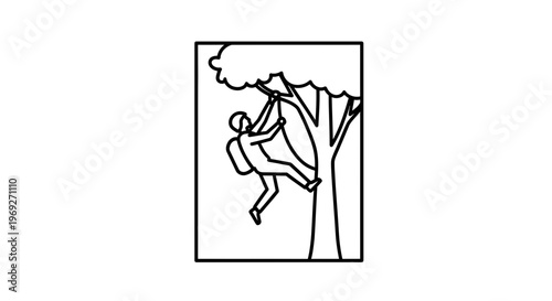Person Climbing Tree with Backpack, Outdoor Adventure, Nature Exploration