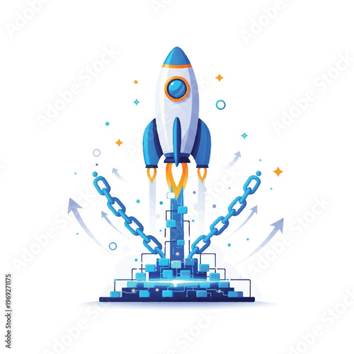 A white and blue rocket ship launching upwards from a blue circuit board with broken chains and arrows on a white background with a joyful mood.