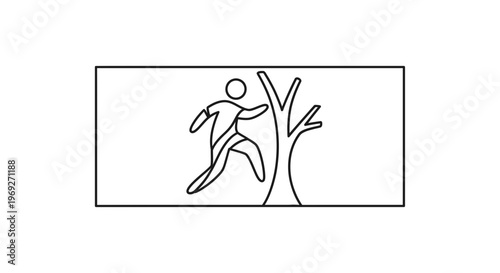 Person running past a tree, stylized line art, dynamic movement, outdoor activity
