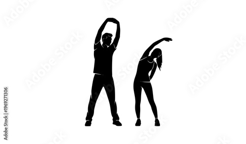 Personal trainer guiding stretching exercise silhouette vector isolated on white background minimal fitness concept