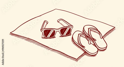 Beach summer vacation naive outline sketch vector illustration of flip flops and sunglasses on a towel