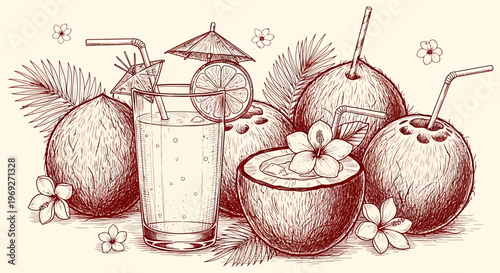 Beach summer vacation naive outline sketch vector illustration of coconuts and refreshing drinks