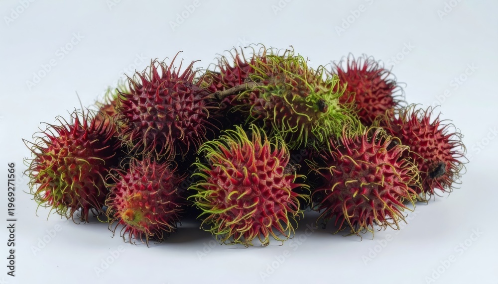 Fototapeta premium Fresh Exotic Rambutan Fruits Stacked on White Background