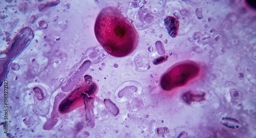 Microscopy image revealing cancerous white blood cells in leukemia blood sample