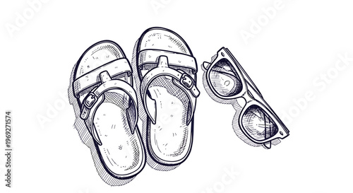 Beach summer vacation naive outline sketch vector illustration of sandals and sunglasses