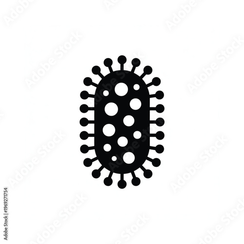 A black and white illustration of a virus with spikes and circles