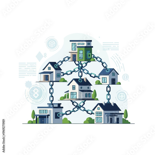 Illustration of a chain linking multiple houses with different architectural styles on a white background with various icons.