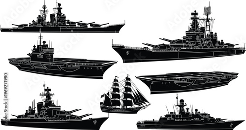 Naval ship silhouette vector, aircraft carrier, destroyer, battleship, sailing vessel, military fleet illustration, black and white, maritime, historical, modern